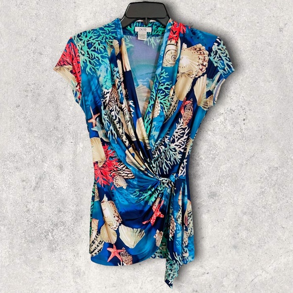 Like New Cache Ocean Print Faux Wrap Top - Picture 1 of 4